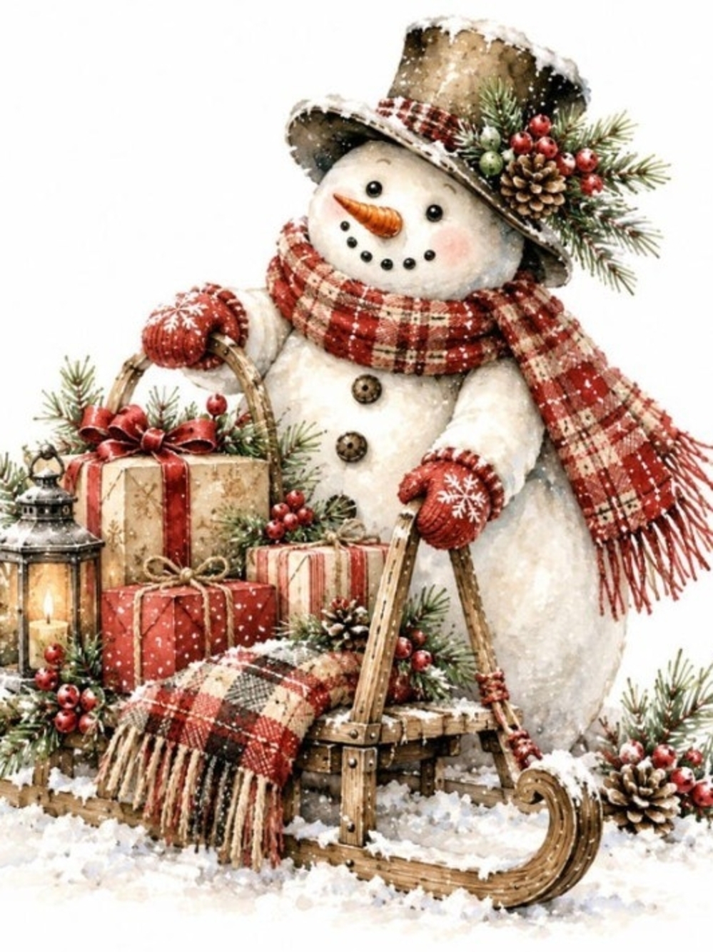 Festive Red Plaid Snowman Holiday Wall Art Print 8x10